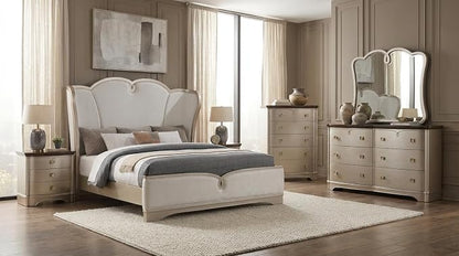 First of a Kind Rose Soft Champagne Finish Traditional 5 Piece Queen Bedroom Set with Upholstered Tufted Headboard Ornate European Style Coordinated Furniture Collection