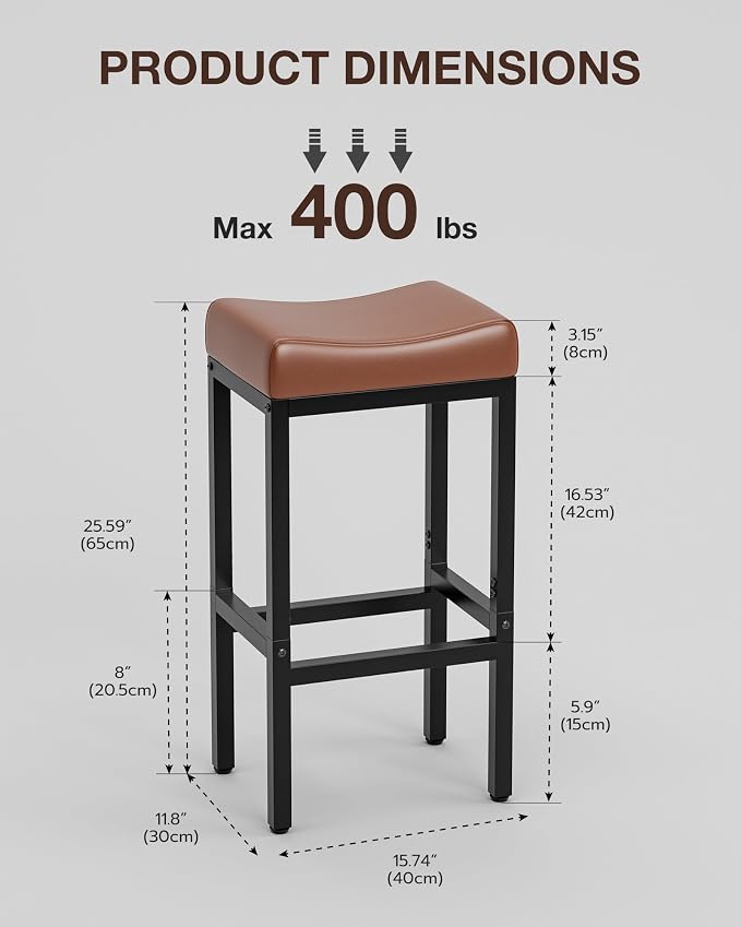 Bar Stools Set of 3-24 Inch Counter Height Chairs for Kitchen Island, Leather Seat with 400 LBS Heavy-Duty Metal Frame and Adjustable Feet, Easy to Assemble for Bar, Café or Dining Room,Brown