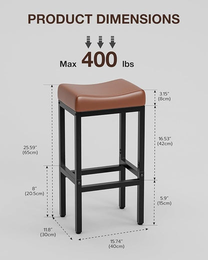 Bar Stools Set of 3-24 Inch Counter Height Chairs for Kitchen Island, Leather Seat with 400 LBS Heavy-Duty Metal Frame and Adjustable Feet, Easy to Assemble for Bar, Café or Dining Room,Brown