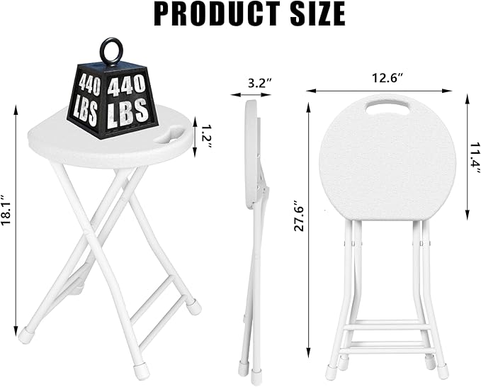 Folding Stool, 18 Inch Foldable Stool with Handle & Steel Frame, Pack of 4 Folding Bar Stools, 440lbs Sturdy Foldable Lightweight Metal Chair for Camping, Indoor and Outdoor, White