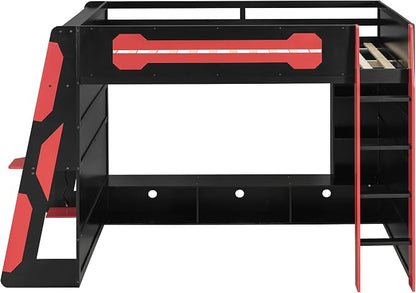 Merax Full Size Loft Bed with Desk, Multi-Storage Shelves and RGB Light | Space-Saving Wooden Gaming Bed Frame with Charging Station and Guardrail