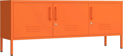 3 Door Lockable Metal TV Stand Storage Cabinet with Accent Cabinet Locker, Wide Heavy Duty Media Console for Large 100+ Inch TVs, Home Office Entertainment Center, Orange 22"H X 47.3"W X 13.8"D