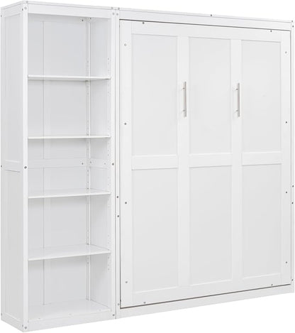 Merax Space-Saving White Murphy Bed Full Size with Adjustable Storage Shelves, Multifunctional Foldable Wall Bed for Small Spaces Studio Study Office Guest Room