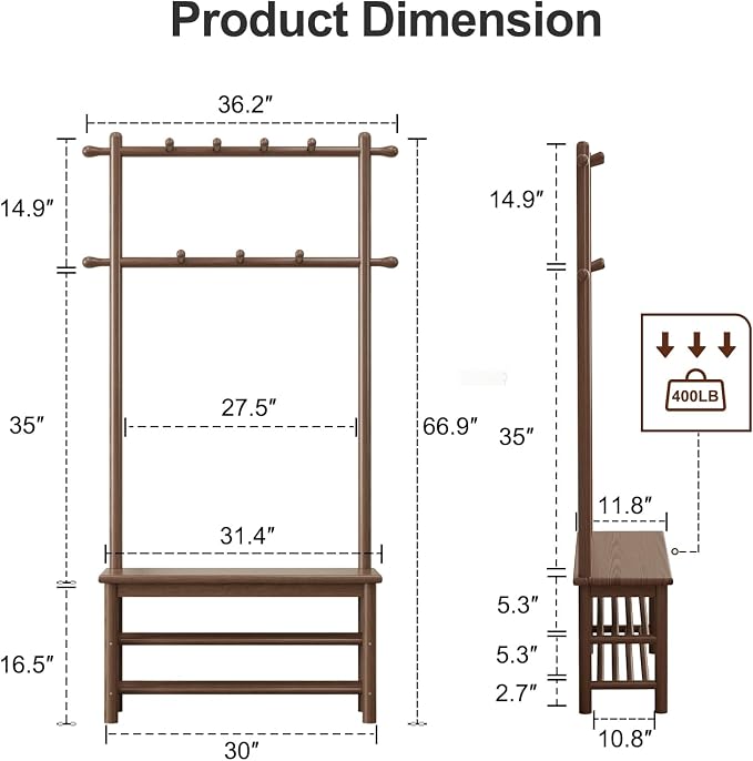 AQIMUELE Coat Rack with Shoe Storage, Wooden Hall Tree with Bench, 11 Hooks and 2-Tier Storage Shelves, 3-in-1, Entryway Bench with Coat Rack (31.5"-Walnut)