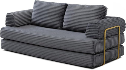 HANXIN 80 Inch Convertible Sleeper Sofa Bed, High Back Plush Corduroy Folding Floor Mattress Couch with Fixed-Shape Frame, Boneless Futon Loveseat with Pull Out Bed, No Assembly Required (Grey)