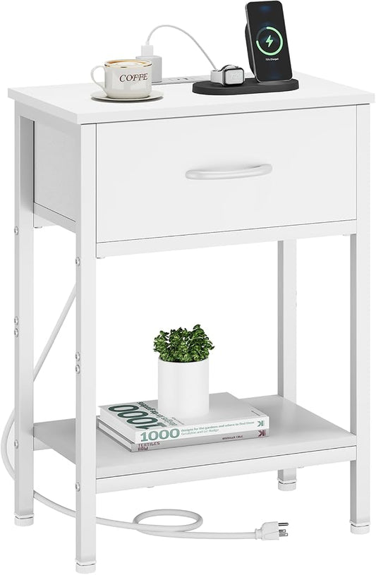 Vagusicc White Nightstand with Charging Station, End Table with Fabric Drawer, Small Side Table with 2-Tier Storage Shelves, 25.4" Tall Bedside Table, White Night Stand for Bedroom, Living Room, Dorm