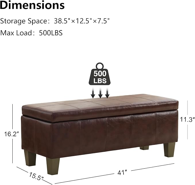 41" Storage Ottoman, Storage Bench with Safety Hinge, Upholstered Synthetic Leather Ottoman Bench for Bedroom, Living Room, Entryway, Hallway, Foot Rest, Support 500lbs