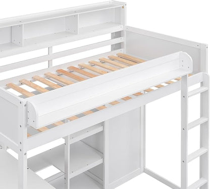 Ball & Cast Twin Size Loft Bed with Big Storage Under-Bed Desk & Staircase,Wooden Bedframe W/Integrated Wardrobe,Drawers & Shelves,Space-Saving,Modern Furniture for Boy Girl Teens Small Bedroom,Gray