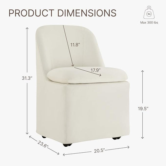 KISLOT Upholstered Dining Chairs Set of 2 with Casters, Modern Side Armless Deskchair with Washable Slipcover & Sturdy Metal Frame for Diningroom Bedroom Livingroom Reading Room, Beige Fabric