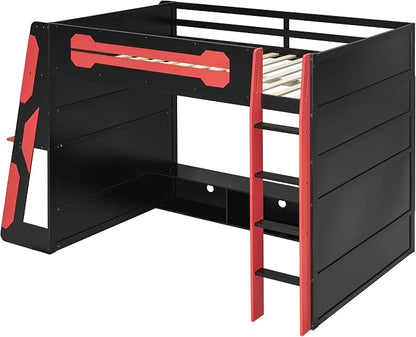 Merax Full Size Loft Bed with Desk, Multi-Storage Shelves and RGB Light | Space-Saving Wooden Gaming Bed Frame with Charging Station and Guardrail