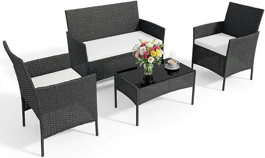 4PCS Outdoor Patio Bistro Set, PE Rattan Wicker Armchairs, Black/Beige
