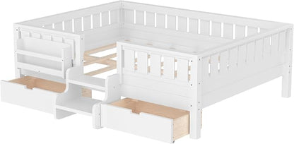 Bellemave Full Size Kids Bed with high Rails and with Built-in Bookshelf and Drawers for Kids, Girls, Boys, Wood Montessori Bed Without Door, White