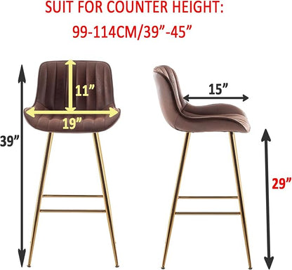 Sidanli Velvet Bar Stools Set of 2, Armless Bar Chairs with Gold Metal Legs, 29inch Counter Height Kitchen Island Stools with Back, Brown