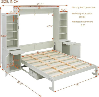 Merax Queen Size Murphy Bed with Desk and Lights, Power Outlet, Foldable Murphy Cabinet Bed with Open Storage Shelves & Drawers, Wood Space-Saving Hidden Wall Bed for Guest Room Office, Antique White