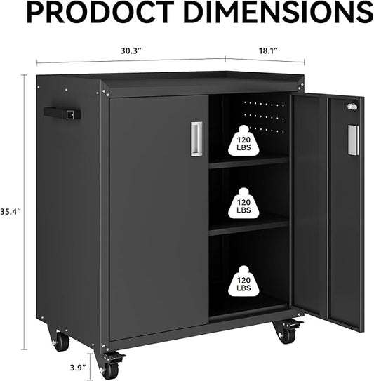 COFaR Heavy-Duty Rolling Storage Cabinet, 2-Door Metal Garage Cabinet with 2 Adjustable Shelves, Lockable Wheels & Locking Doors, 35"H Large Capacity Tool Chest for Workshop, Garage, Warehouse - Black