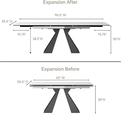 Extendable Dining Table for 8-12 Seat, Flexible Stretch, Tabletop Made from Rock Plate and Tempered Glass, Solid Carbon Steel Base, 35.4" D x 94.5" W x 30" H, White Top