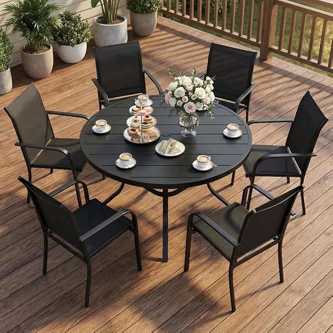 SUNCROWN 7 - Piece Outdoor Dining Set, Patio Furniture Set with 6 x Textilene Dinning Chairs and 53" Metal Round Table with Umbrella Hole for Lawn Garden Backyard Deck, Black