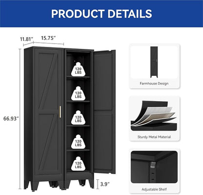 COFaR 67'' Tall Slim Bathroom Storage Cabinet, Metal Narrow Pantry Cabinet with 4 Adjustable Shelves and One Door, Skinny Cabinet Storage for Kitchen Laundry, Black Farmhouse 5 Tiers