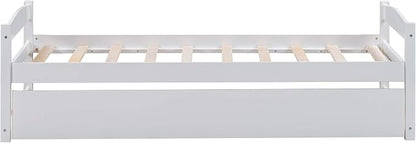 Merax Multifunctional Wood Daybed with Trundle Sofa Day Bed with Headboard/Space Saving/No Box Spring Needed White