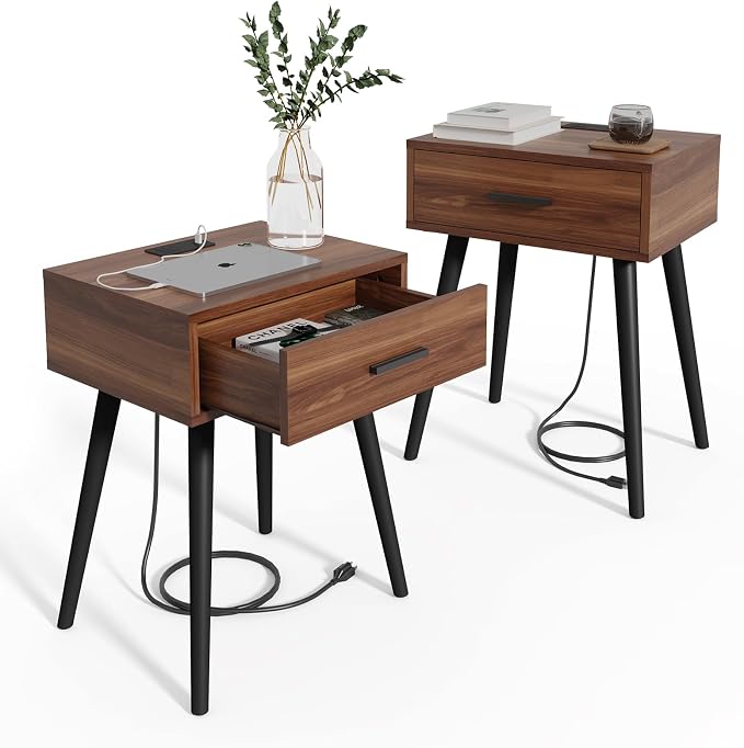 HAIOOU Nightstands Set of 2 with Charging Station, Mid Century Modern Bedside Table, End Table with Drawer Storage, Solid Pine Wood Legs, Walnut Night Stand for Bedroom Living Room
