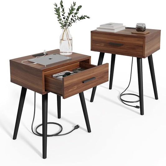 HAIOOU Nightstands Set of 2 with Charging Station, Mid Century Modern Bedside Table, End Table with Drawer Storage, Solid Pine Wood Legs, Walnut Night Stand for Bedroom Living Room