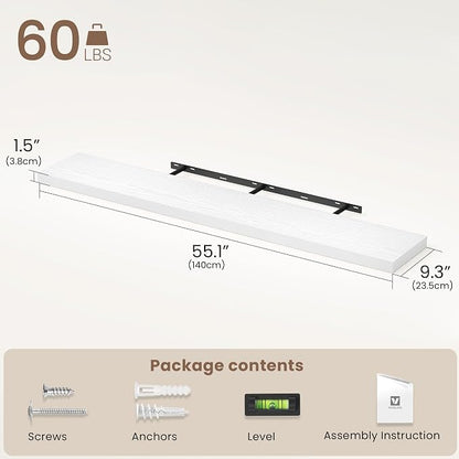 Vivelove White Floating Shelves 55 Inches Long, Wall Display Shelves with Invisible Brackets, for Bathroom Living Room Kitchen Bedroom Office Farmhouse Home Decor, 55x9.3X 1.5 - Set of 2, White