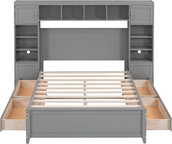 Merax Full Size Wooden Bed with All-in-One Cabinet and Shelf, Gray Bed Frame with 4 Storage Drawers