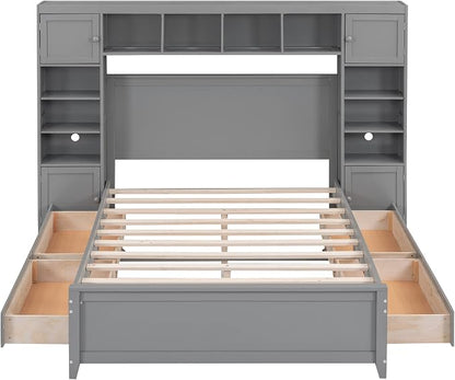 Merax Full Size Wooden Bed with All-in-One Cabinet and Shelf, Gray Bed Frame with 4 Storage Drawers