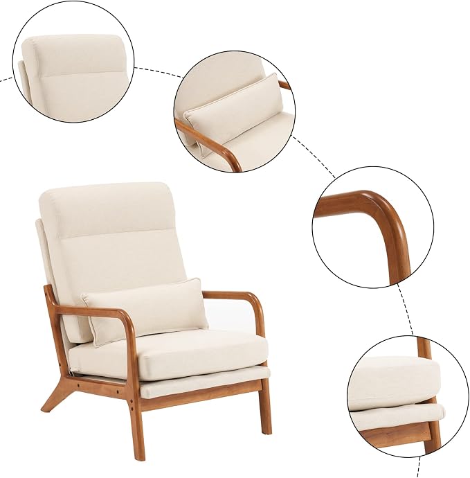 Karl home Accent Chair High Back Mid-Century Modern, Beige | Line Fabric Upholstered, Walnut Color Solid Rubber Wood Frame, Soft Cushion with Pillow, For Living Room, Bedroom, Balcony