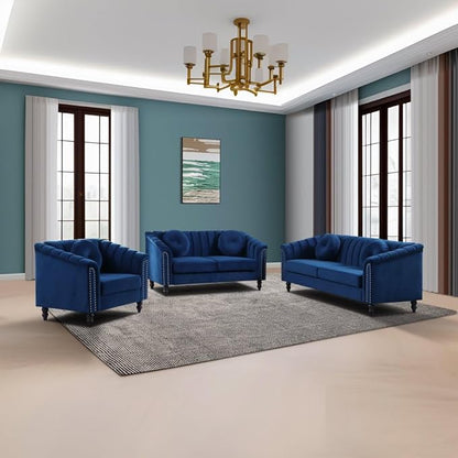60" Loveseat Sofa, Microfiber Chesterfield Upholstered Sofas Love Seat, Couch Chair Sets with Style Button Tufted, Scroll Arms and Nailhead for Living Room, Office, Blue