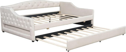 Merax Modern Upholstered Platform Bed Frame with Trundle Bed, Linen Sofa Day Bed with Headboard, No Box Spring Needed/Easy Assemble/Full XL,Beige