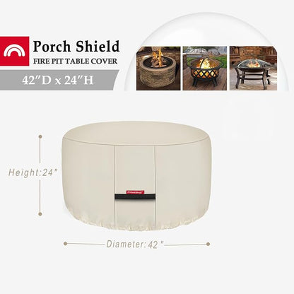 Porch Shield Fire Pit Cover - Waterproof 600D Heavy Duty Fade Resistant Round Patio Fire Bowl Cover Beige - 42 inch