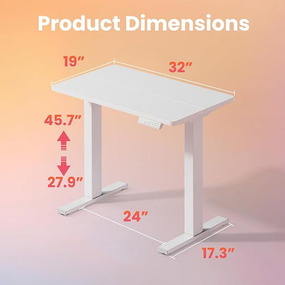 HUANUO 32x19 Inch Small Electric Standing Desk, Adjustable, White | Compact Home Office Desk, 176lbs Heavy Duty Lifting with 4 Height Presets. M8 Screw Holes Ready for DIY Mobile Wheels