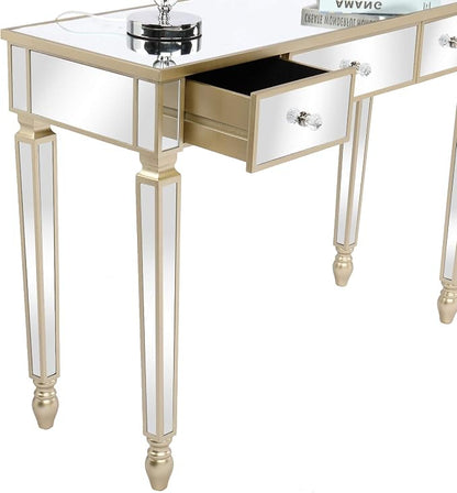 VINGLI Mirrored Vanity Desk with 3 Drawers, Multifunctional Home Office Desks, Modern Console/Sofa/Makeup Desk for Bedroom/Living Room/Entryway, Gold