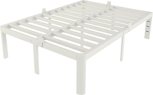 White Full Size Bed Frame 16 Inch, Metal Full Bed Frame No Box Spring Needed, Heavy Duty Steel Support 3500 LBS, DIY Headboard, Noiseless, Round Corner Legs, Storage Space, Easy Assembly