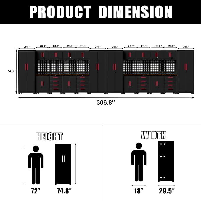 Garage Storage Cabinet System, 24PCS Garage Cabinets and Storage System Workshop Set with Red Cabinet, Cabinet Drawers, Workbench, Pegboard for Tool Organization,Red Handle