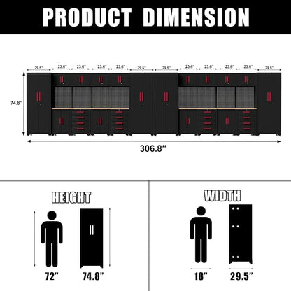 Garage Storage Cabinet System, 24PCS Garage Cabinets and Storage System Workshop Set with Red Cabinet, Cabinet Drawers, Workbench, Pegboard for Tool Organization,Red Handle