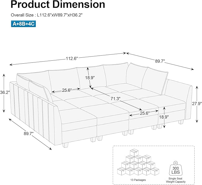 Belffin Oversized Modular Sectional Couch Sleeper Sofa with Storage Velvet Sectional Sofa Bed for Living Room, 12 Seats, Blue