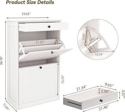 FTZxHKLX Shoe Cabinet with 2 Flip Drawers, Slim Freestanding Hidden Shoe Organizer with Drawer, Pet-Proof Shoe Storage Cabinet for Entryway Living Room Behind The Door, White