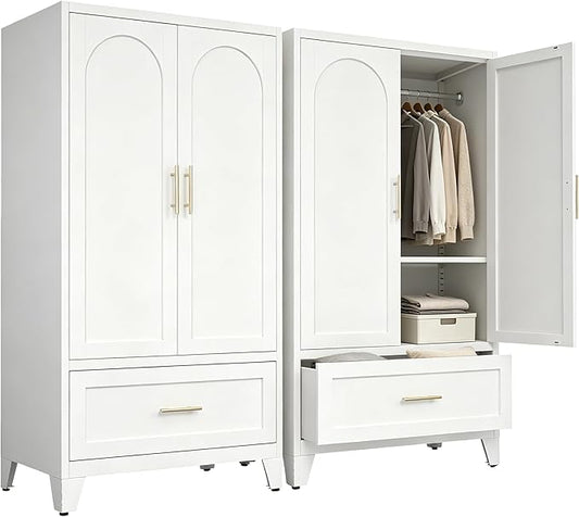60" Tall Metal Wardrobe Cabinet with 1 Drawer and Hanging Rod, 2 Doors Wardrobe Closet with Shelf for Bedroom, Office, Laundry Room,Entryway,Foyer,Guesthouse White