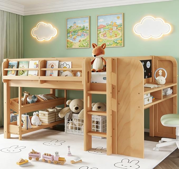 Bellemave Twin Size Low loft Bed with Desk and bookcases, Boxes and Drawers for Kids,Wood Modern Farmhouse Kids Loft Beds with Shelf, Natural