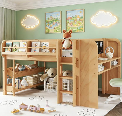 Bellemave Twin Size Low loft Bed with Desk and bookcases, Boxes and Drawers for Kids,Wood Modern Farmhouse Kids Loft Beds with Shelf, Natural