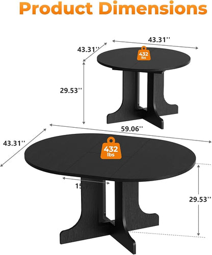 Zevemomo 43"-59" Round Extendable Dining Table for 4-6, Black Expandable Dining Room Table with Removable Self, Metal Reinforced Cross Base, Modern Oval Kitchen Table for Small Spaces, Easy Assembly