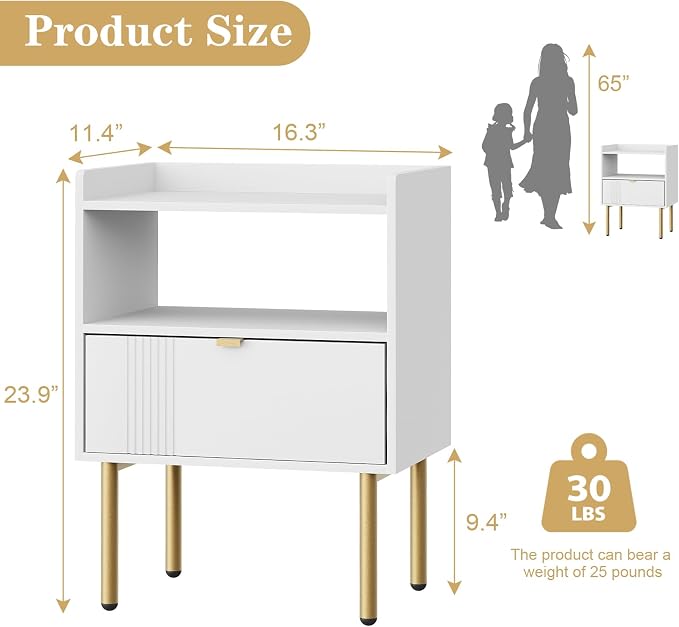 Nightstand, Mid-Century Modern Night Stand Table with Storage Drawer and Open Wood Shelf, Side End Table with Sturdy Metal Legs Small Spaces (White)
