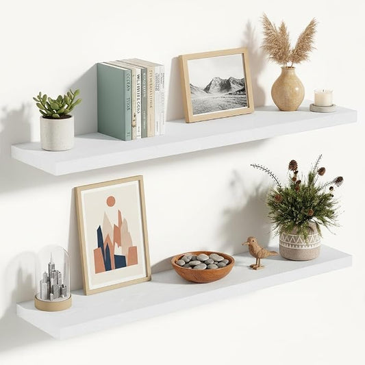 Vivelove 10 in Deep Floating Shelves for Wall, 36" x 10.2" x 1.5" Shelves for Room Wall Mounted, 1.5 Inch Thick Shelf for Bathroom Bedroom Kitchen Book Room, Modern Farmhouse Decor, Set of 2, White