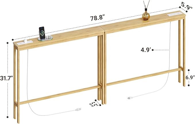 ELYKEN Bamboo Narrow Console Table with Charging Station, 2 Pack Slim Sofa Table Behind Couch, Entryway Table with Outlets for Living Room, Hallway, 5.9 x 39.4 x 31.1in, Natural