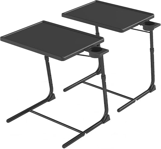 TV Tray Table, Adjustable TV Dinner Table for Eating on Couch with Cup Holder, Folding Tables with 6 Height & 3 Tilt Angle Adjustments, Comfortable Laptop Stand for Bed & Sofa, 2 Pack, Black