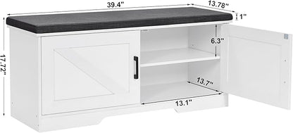 HOMSHO Farmhouse Shoe Storage Bench with 2 Barn Doors & Padded Seat Cushion | 39.4" Wide Entryway Bench with Adjustable Shelves & Hidden Storage, White