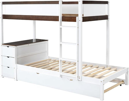 Ball & Cast Twin-Over-Twin Bunk Bed with Twin Size Trundle,Solid Wood Bedframe W/Desk & Drawers,USB,Space Saving,Easy Assembly,Multifunctional Bedroom Furniture Set for Boys Girls Teens,White+Walnut