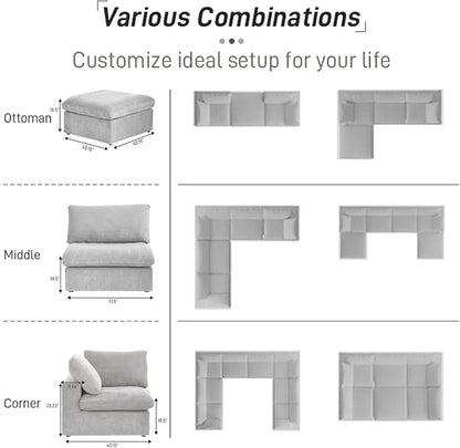 Cloud Modular Sectional Sofa with Storage Ottoman,120.45" L Shaped Couch for Living Room,Down Filled Convertible Couch Deep Seat for Office Apartment,Covers Washable&Replaceable (Gray)